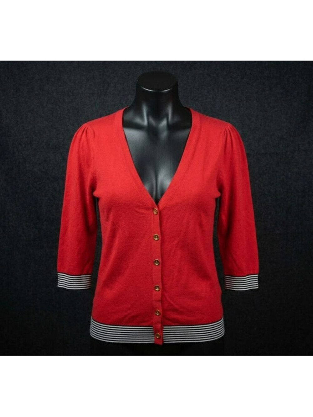 Chaus Red 3/4 Sleeve Cardigan Sweater with Striped Trim Size L .Read